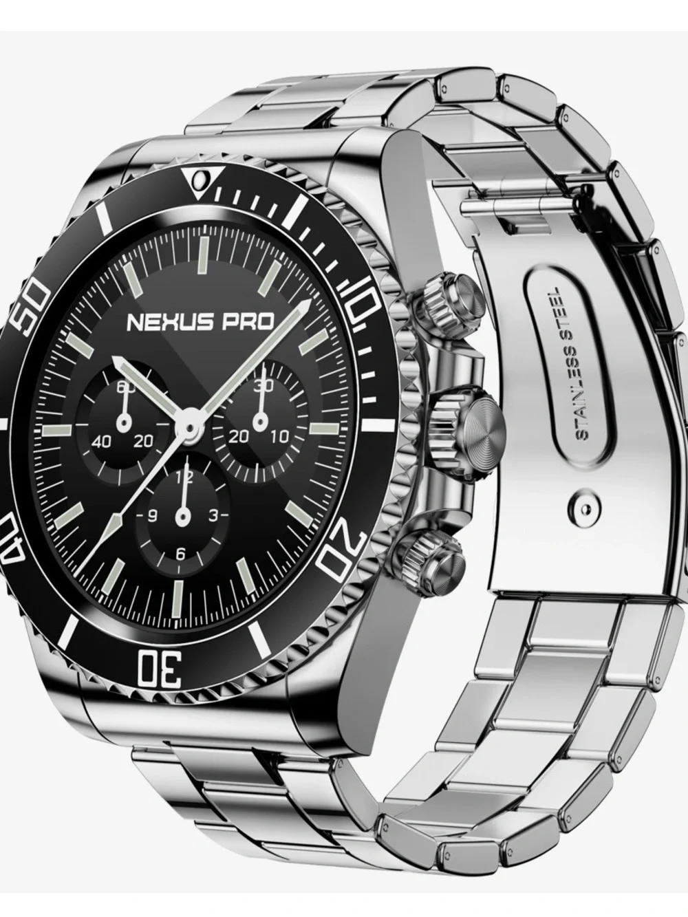 Men's Silver Stainless Steel Chronograph Watch - Black Dial